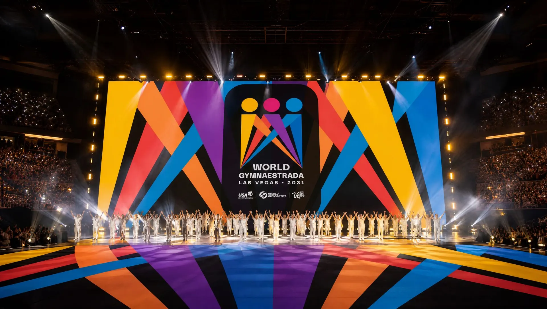 Opening ceremony: The badge at stadium scale, with the beams running onto the floor. It’s the first thing twenty thousand performers see.