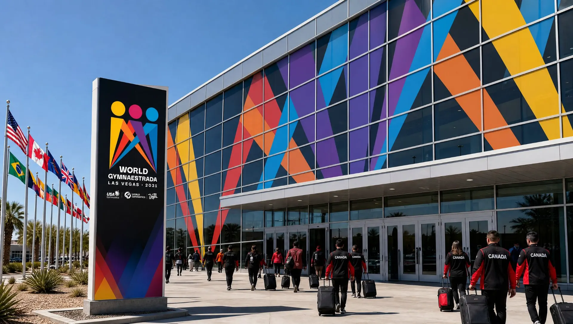 Convention center: The beams wrap the glass and a pylon holds the lockup at eye level, with the partner row beneath it.