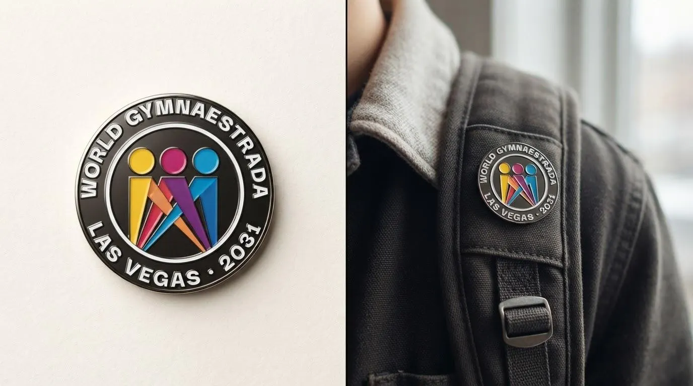 The pin: Solid colors let the medallion run as a full-color enamel pin, built for trading in Lisbon.
