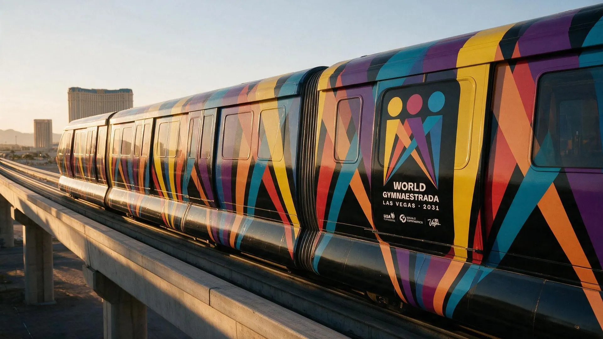 Monorail: A full wrap in the palette. The badge reads at speed because the figures are the largest shapes on the car.