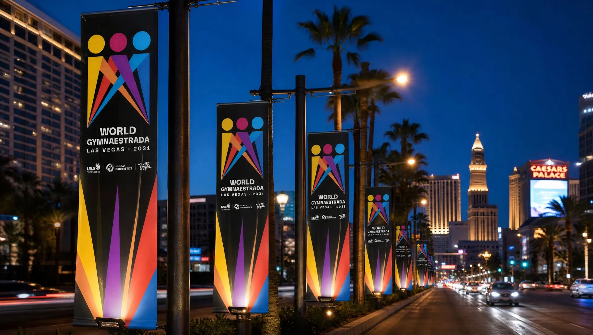 The Strip: Light-pole banners carry the stacked primary over a beam bleed, with the mark in the top third so it clears the traffic below.