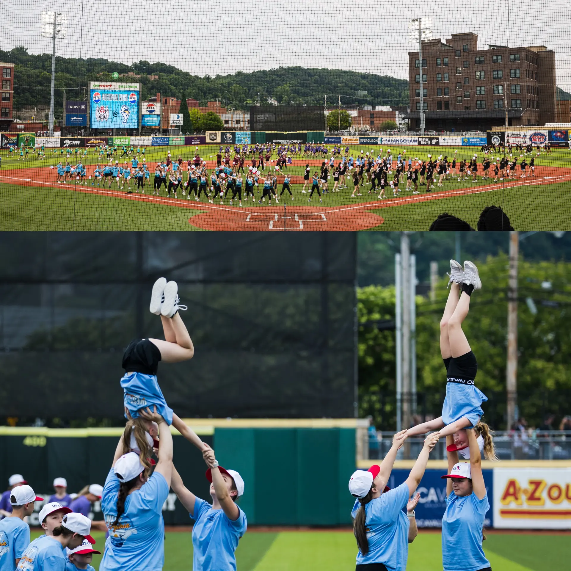 A group performance on the field of a ballpark